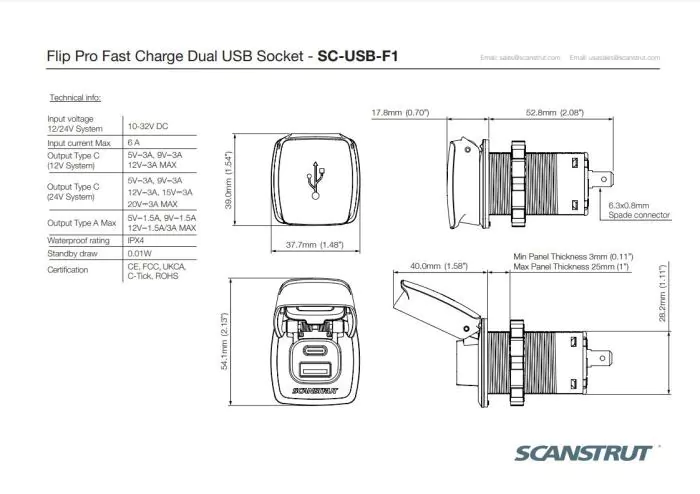 Scanstrut Flip Pro Schnellladegerät (USB-A und C, 12/24v)