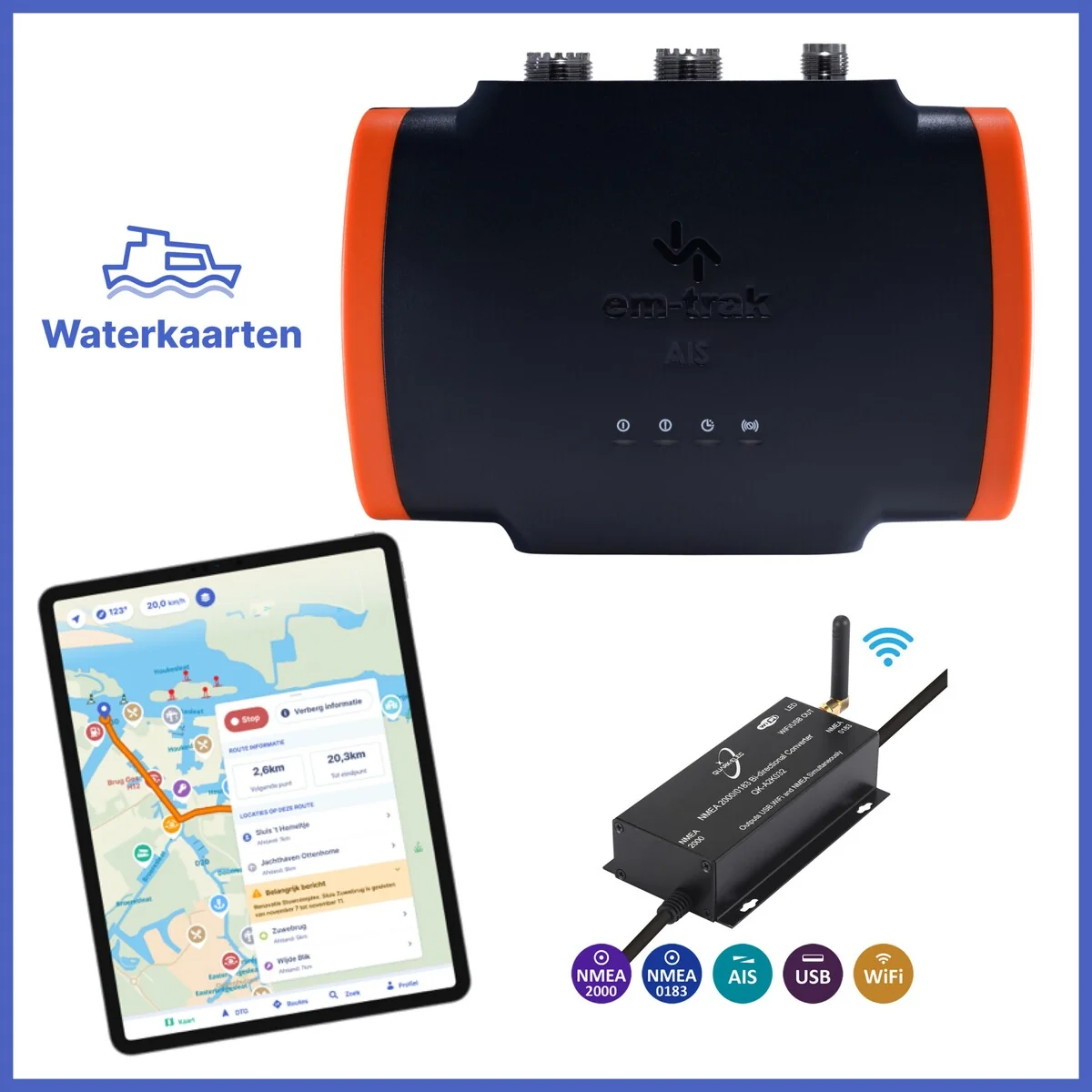 Oferta Waterkaart App: Transpondedor AIS Em-Trak B953 5w + splitter y conversor NMEA2000 WiFi A032